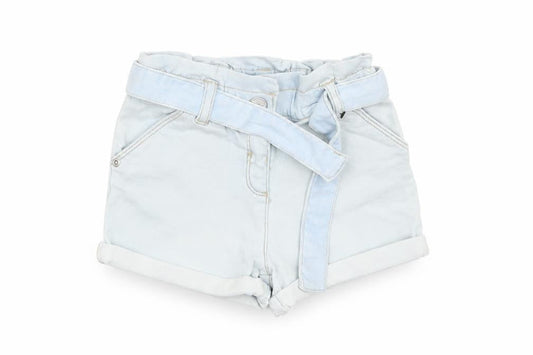 Front view of Tu girls’ blue cropped trousers, size 6-9, months