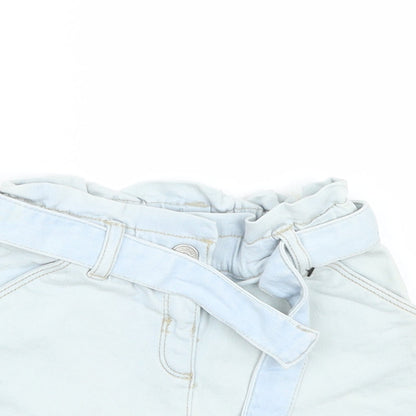 Close-up detail of Tu girls’ blue cropped trousers, size 6-9, months