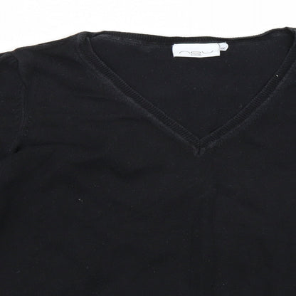 Close-up detail of New Look women’s black henley jumper, size UK 16