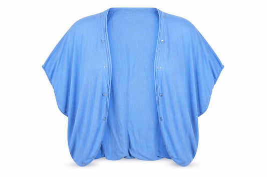Front view of Per Una women’s blue cardigan jumper, size UK 20