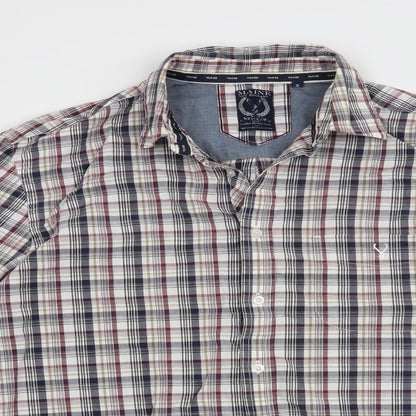 Close-up detail of Maine New England men’s red check button-up, size M