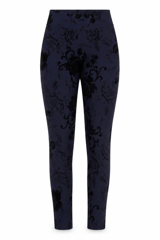 Front view of Blonde + Blonde women’s blue floral jegging leggings, size UK 6, 28-inch leg