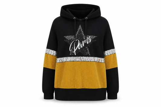 Front view of HORA women’s black pullover hoodie, size M