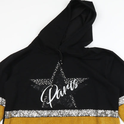 Close-up detail of HORA women’s black pullover hoodie, size M
