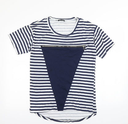 Additional front view of Preworn women’s blue striped basic t-shirt, size XL