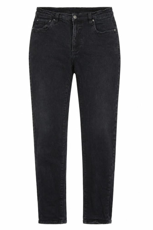 Front view of Bellfield women’s black straight jeans, size S, 30-inch leg