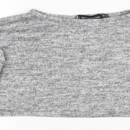 Close-up detail of PRETTYLITTLETHING women’s grey jumper, size UK 10