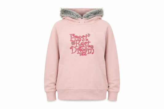 Front view of Belino women’s pink pullover hoodie, size M, - slogan