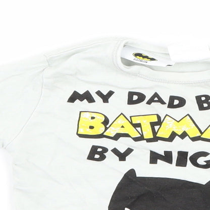 Close-up detail of Zara Baby Blue Basic T-Shirt, size 3-6, Months - batman dad slogan