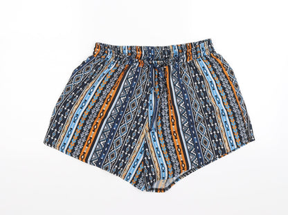 Front view of Select women’s blue geometric hot pants shorts, size UK 12