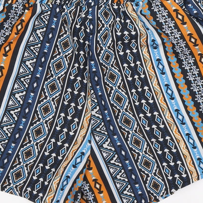 Brand and care label for Select women’s blue geometric hot pants shorts, size UK 12