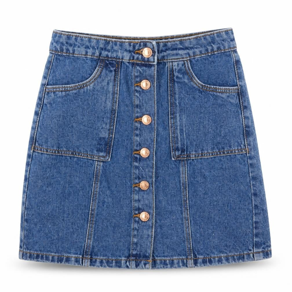 Front view of Denim Co girls’ blue denim a-line skirt, size 11-12, years