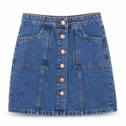 Front view of Denim Co girls’ blue denim a-line skirt, size 11-12, years