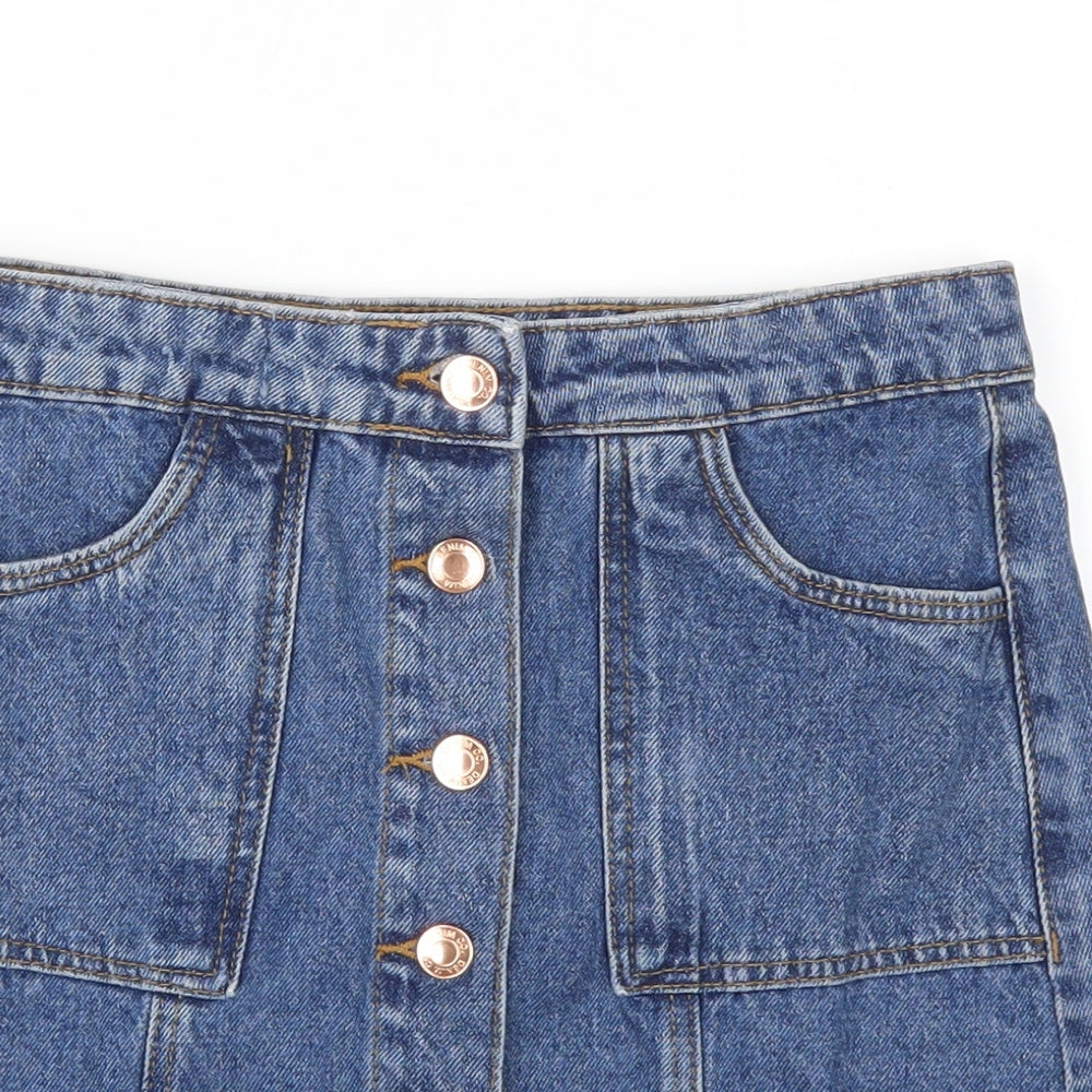 Close-up detail of Denim Co girls’ blue denim a-line skirt, size 11-12, years