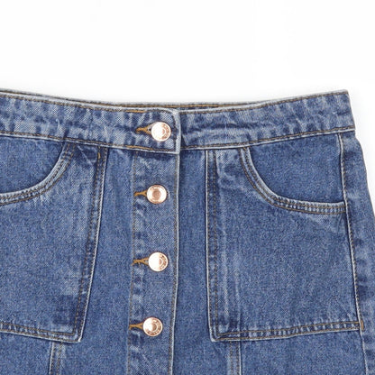 Close-up detail of Denim Co girls’ blue denim a-line skirt, size 11-12, years