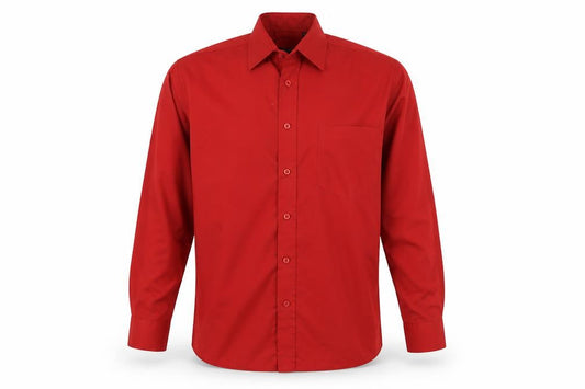Front view of Premier men’s red button-up, size 14.5