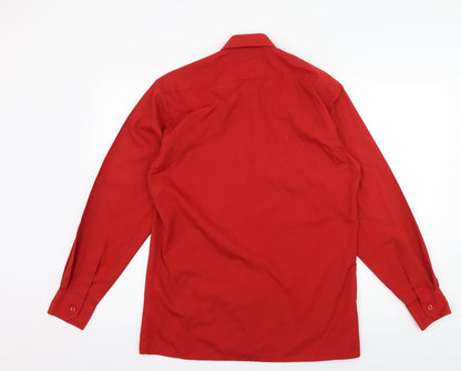 Back view of Premier men’s red button-up, size 14.5
