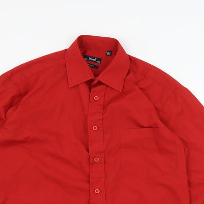 Close-up detail of Premier men’s red button-up, size 14.5