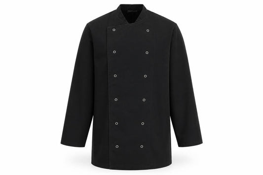 Front view of Simon Jersey men’s black button-up, size S, - chefswear