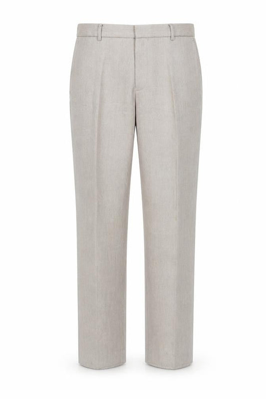 Front view of pre worn men’s beige trousers, size M, 32-inch leg