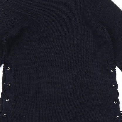 Brand and care label for Brave Soul women’s blue jumper, size S