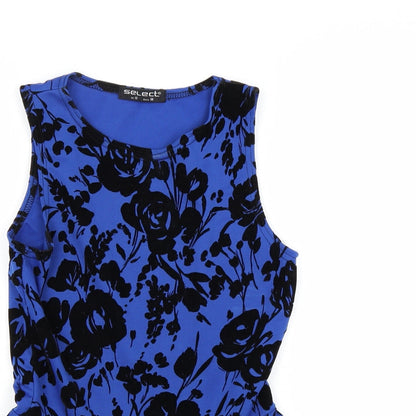 Close-up detail of Select women’s blue floral tunic blouse, size UK 10