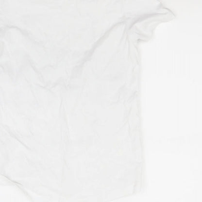 Brand and care label for Nutmeg girls’ white basic t-shirt, size 8-9, years
