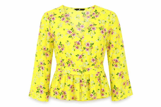 Front view of Very women’s yellow floral basic blouse, size UK 12
