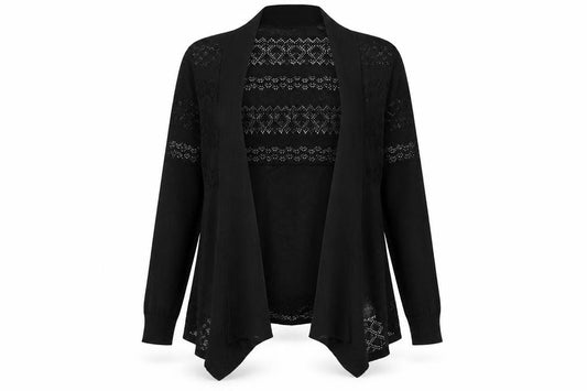 Front view of Preworn women’s black cardigan jumper, size M