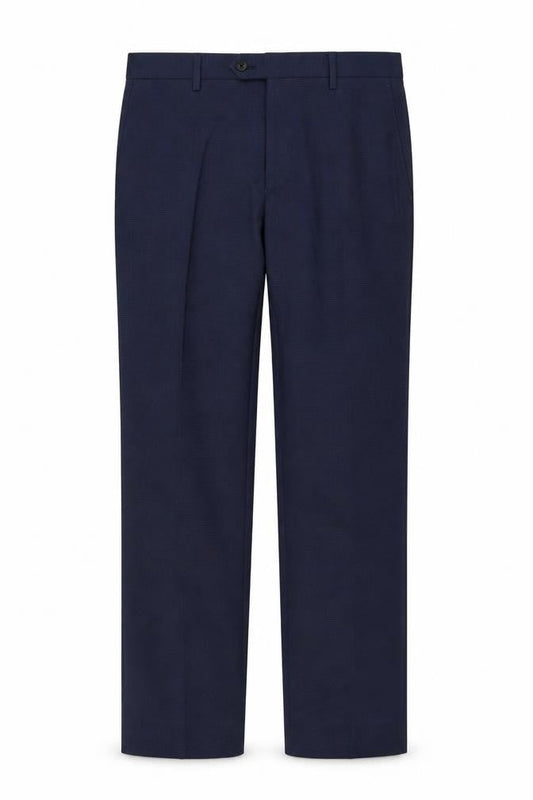 Front view of Preworn men’s blue trousers, size 30, in, 25-inch leg