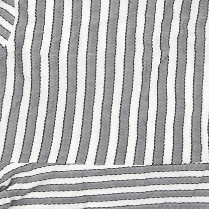 Brand and care label for collection women’s grey striped basic blouse, size M