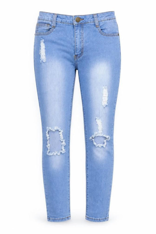 Front view of Liquor N Poker women’s blue denim skinny jeans, size UK 10, 30-inch leg