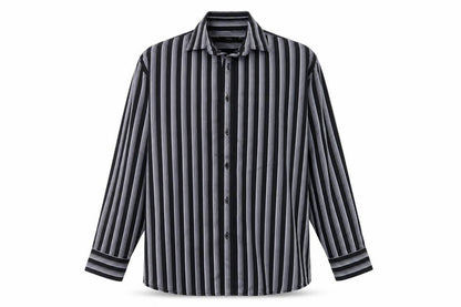 Front view of George men’s black striped button-up, size L