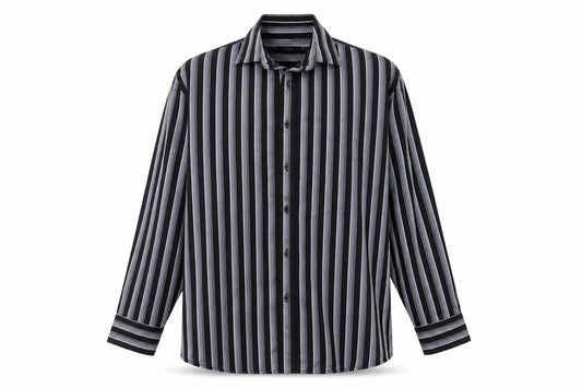 Front view of George men’s black striped button-up, size L