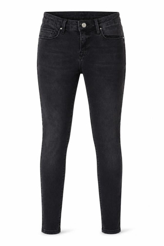 Front view of nine women’s black skinny jeans, size UK 8, 24-inch leg