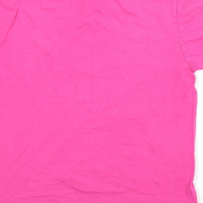 Brand and care label for Gildan girls’ pink basic t-shirt, size 8-9, years