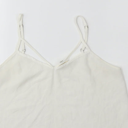Close-up detail of River Island women’s white basic blouse, size UK 8