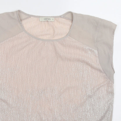 Close-up detail of Oasis women’s beige basic tank, size M