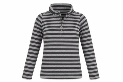 Front view of La Redoute women’s grey striped henley sweatshirt, size UK 10