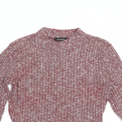 Close-up detail of Boohoo women’s red pullover sweatshirt, size UK 8