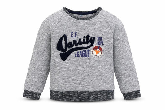 Front view of enchanted forest boys’ grey jumper, size 3-4, years - varsity league