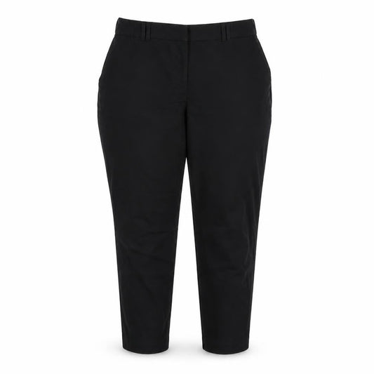 Front view of preorn women’s black trousers, size UK 12, 23-inch leg