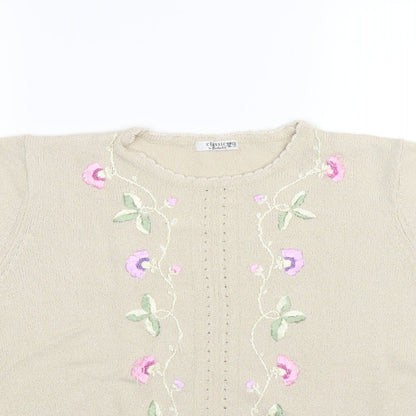 Close-up detail of berketex women’s beige floral knit jumper, size UK 14