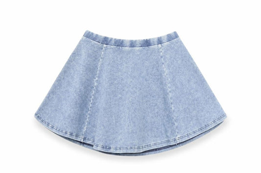 Front view of Preworn women’s blue flare skirt, size UK 10