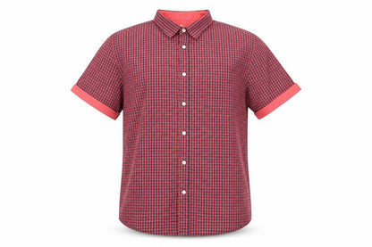 Front view of Easy men’s red plaid button-up, size L