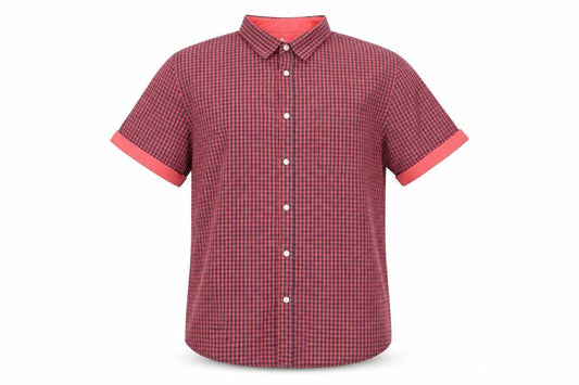 Front view of Easy men’s red plaid button-up, size L