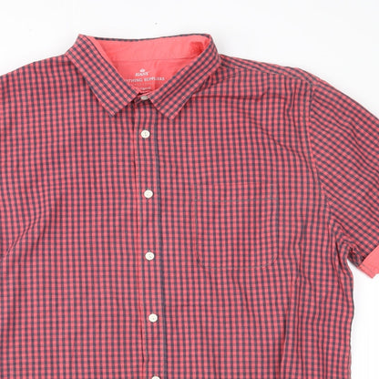 Close-up detail of Easy men’s red plaid button-up, size L