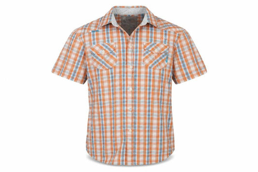 Front view of Burton men’s orange plaid button-up, size M