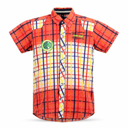 Front view of button boy boys’ red check basic button-up, size 10, years