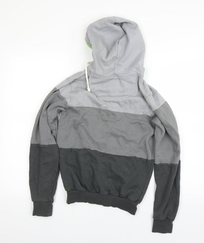 Back view of green men’s grey pullover hoodie, size XS